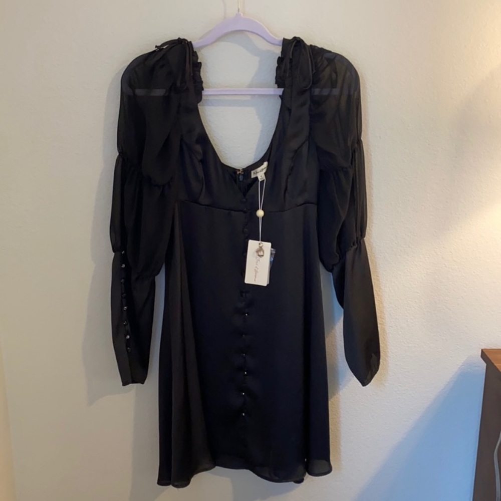 For Love And Lemons, Black Satin Long Sleeve Mini Dress, Size L